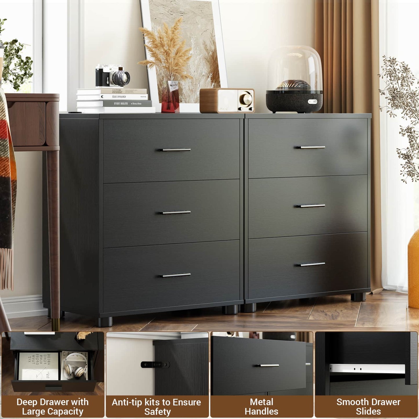 Closet Drawers Set of 2 – Wooden Closet Organizer with 3 Drawers Each, Storage Unit