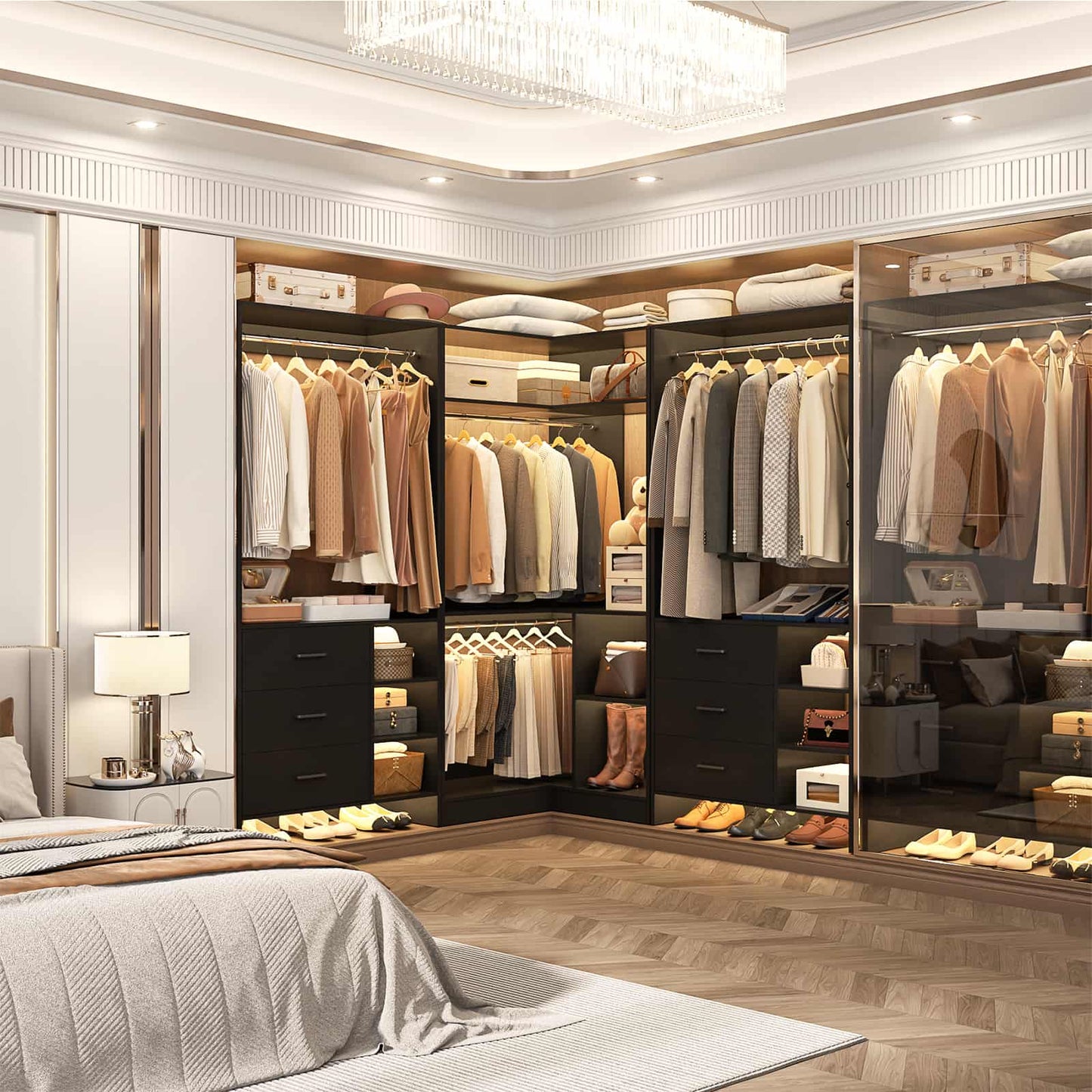 Closet System with 6 Drawers, 4 Hanging Rods & Corner Tower