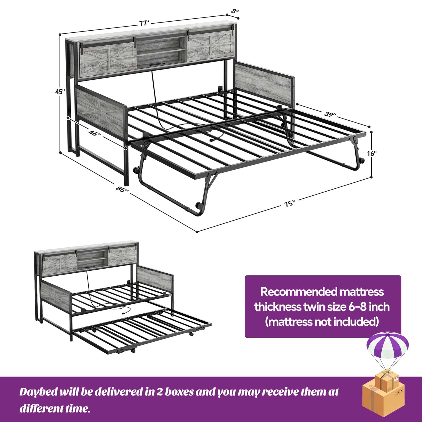 Twin Size Daybed with Trundle, Daybed with Charging Station & Storage Headboard, Heavy Duty Metal Sofa Bed Frame with Pop-up Trundle