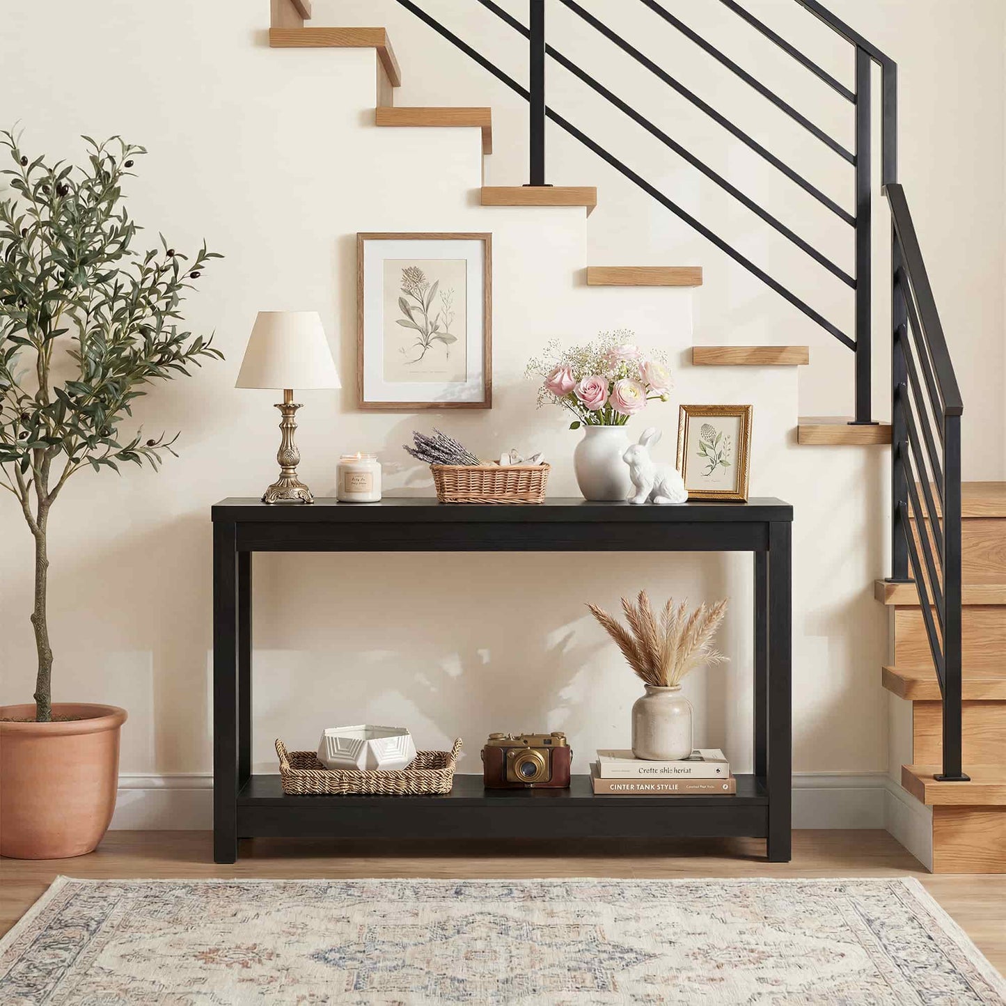 47" Farmhouse Wood Narrow Console Table with Open Storage Shelves: Entryway/Sofa Table, Easy Assembly, Embossed Wood