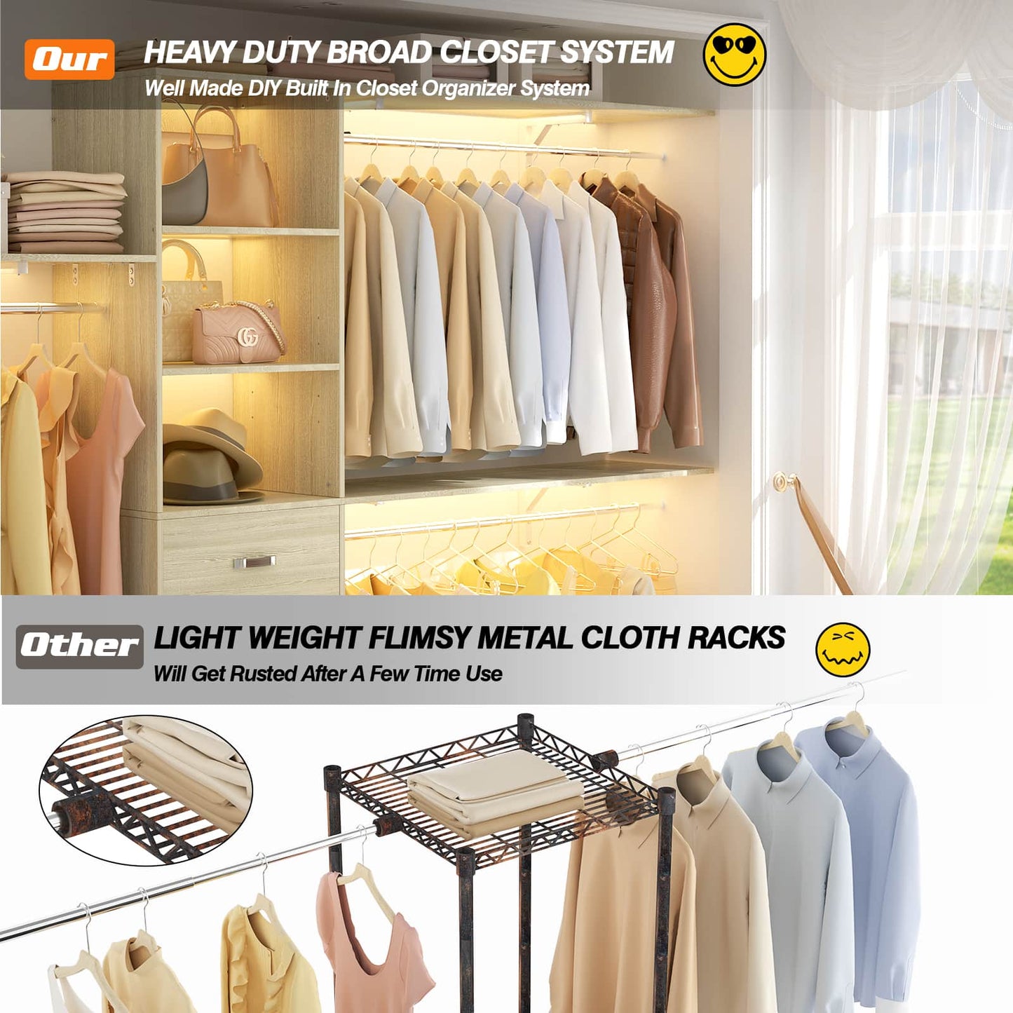 120'' W Closet System with Drawers, Closet Organizer with 3 Shelving Towers