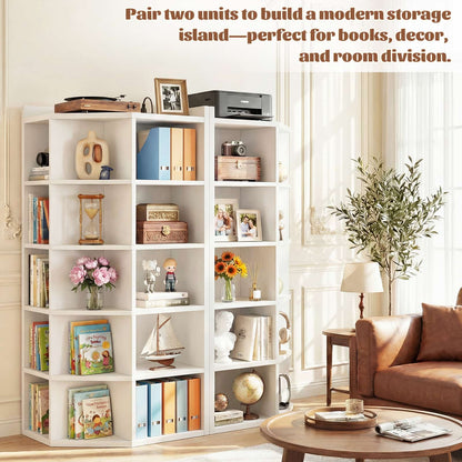 6-Tier Corner Cabinet with Power Outlets & 15 Cubes - Wooden L-Shaped Bookshelf, Toy Storage for Home Office, Bedroom, Living Room