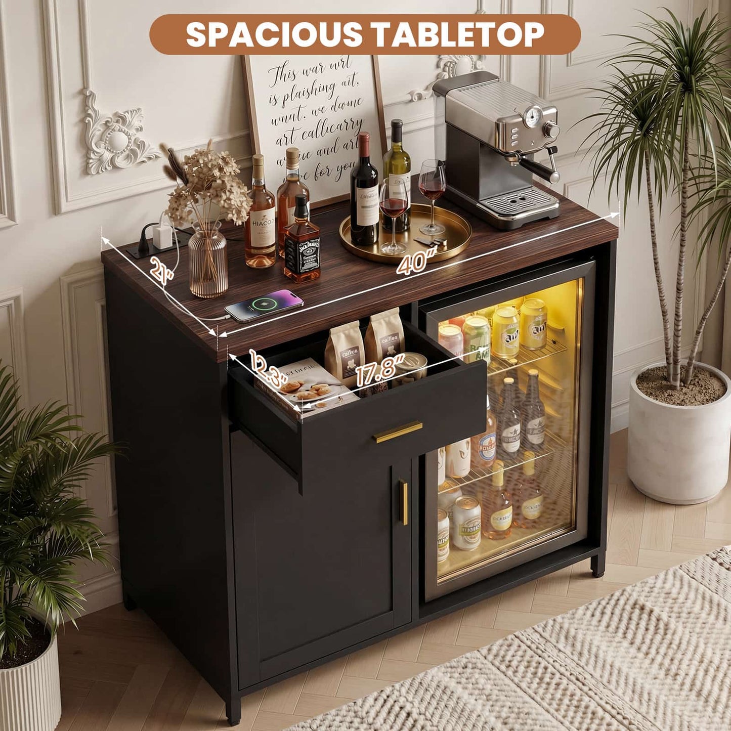 Coffee Bar Cabinet with Mini Fridge Space, Power Outlet, Drawer Storage and Wine Glass Holder - Versatile Liquor Wine Cabinet
