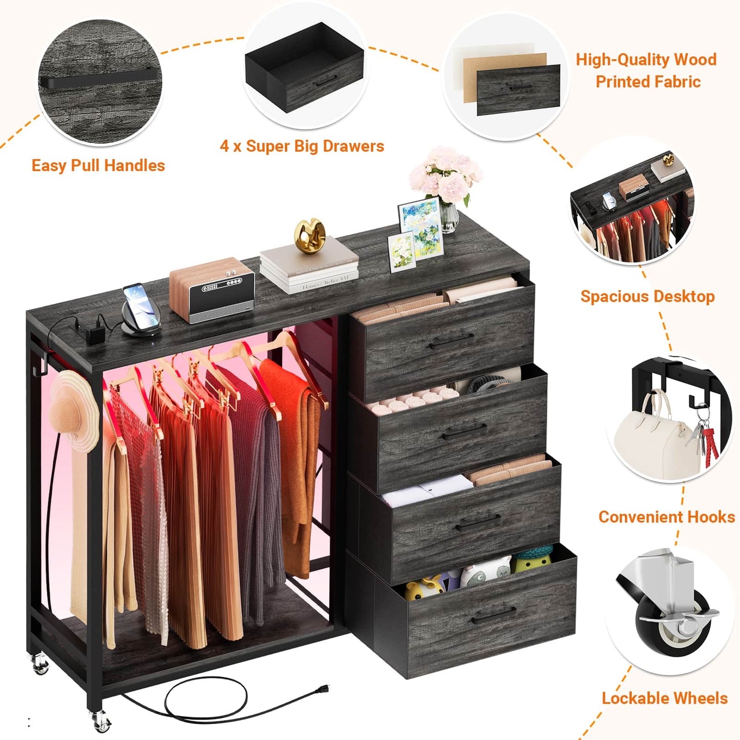 Dresser with Hanging Rack & 4 Drawers