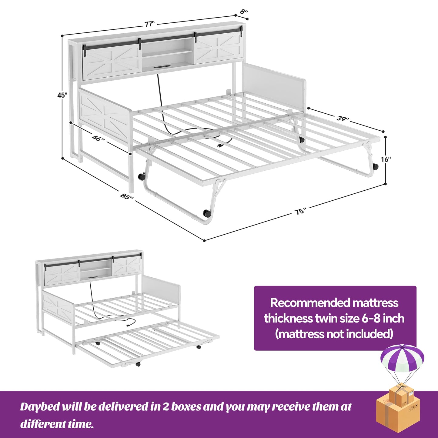 Twin Size Daybed with Trundle, Daybed with Charging Station & Storage Headboard, Heavy Duty Metal Sofa Bed Frame with Pop-up Trundle