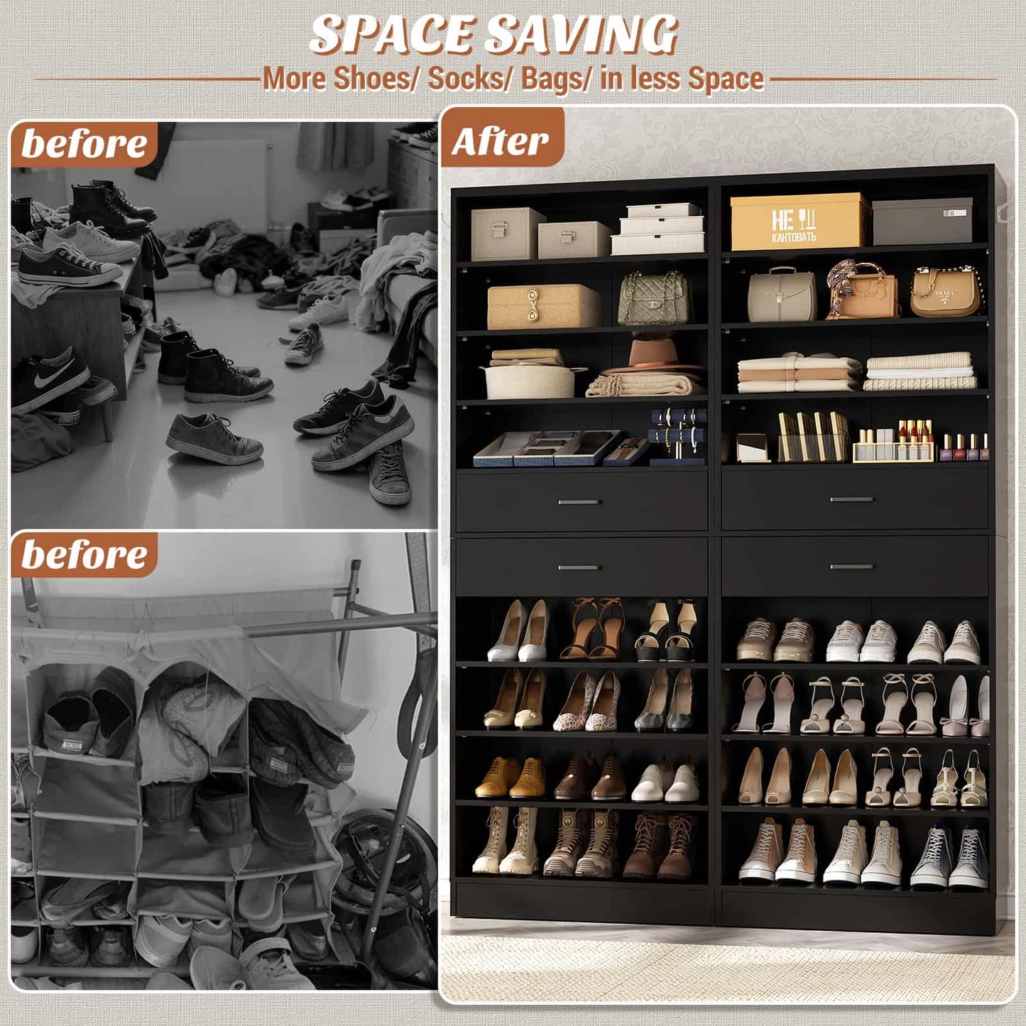 2-Pack 10-Tier Shoe Cabinet Set with 4 Drawers, 65cm Width Freestanding Organizer