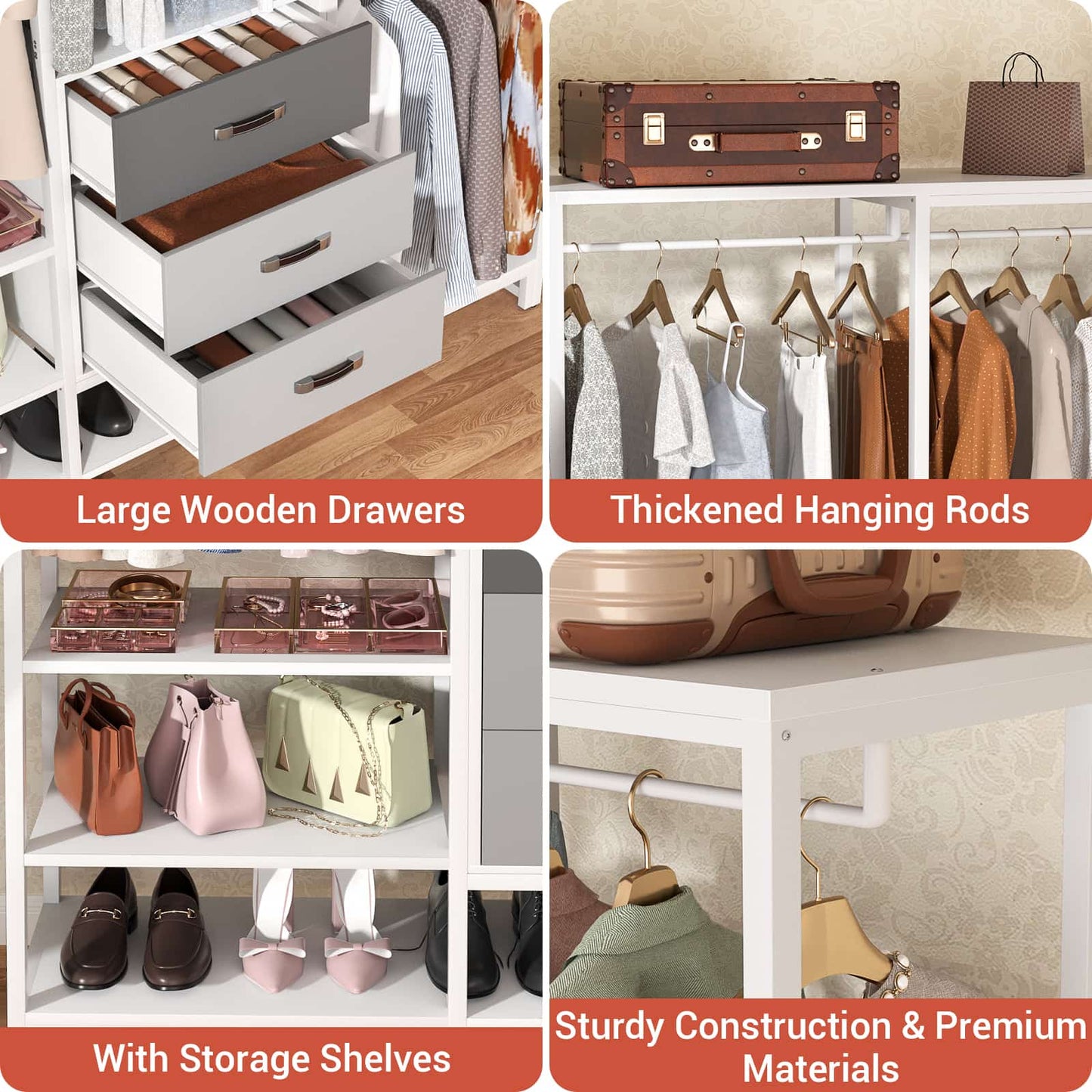 Closet System Organizer Walk-in Closet for Bedroom with 3 Wood Drawers