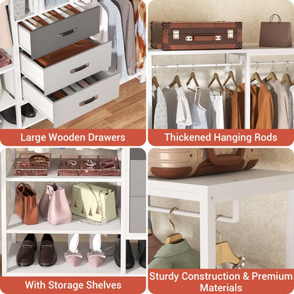 Closet System Organizer Walk-in Closet for Bedroom with 3 Wood Drawers