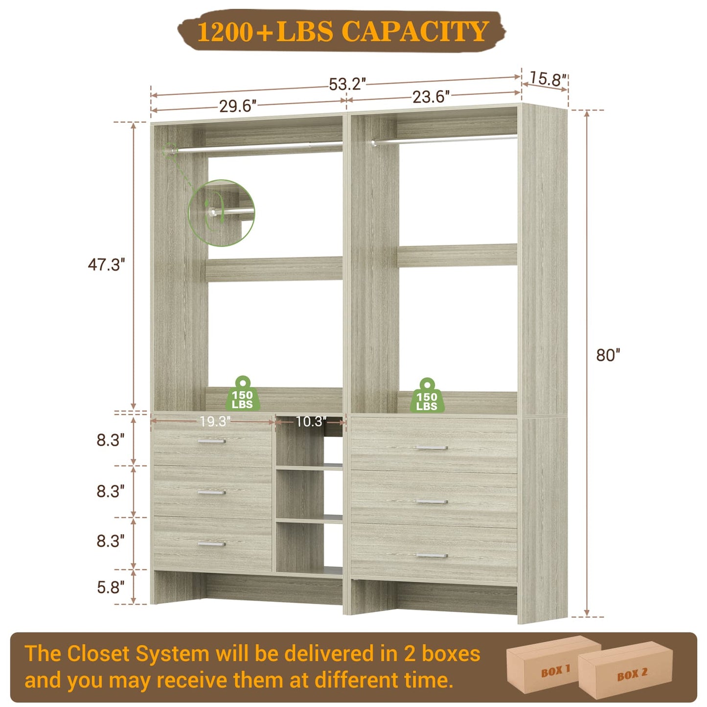 Closet System with 6 Drawers, 4.5ft Wood Closet Organizer System