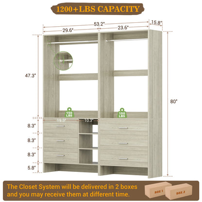 Closet System with 6 Drawers, 4.5ft Wood Closet Organizer System