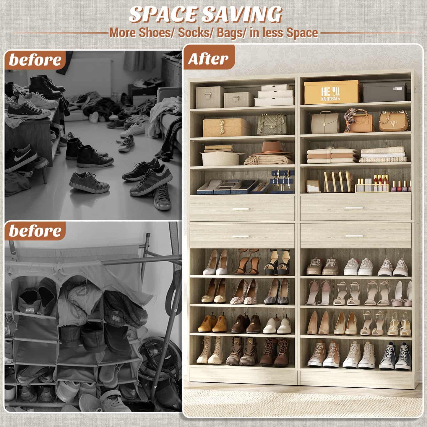 2-Pack 10-Tier Shoe Cabinet Set with 4 Drawers, 65cm Width Freestanding Organizer
