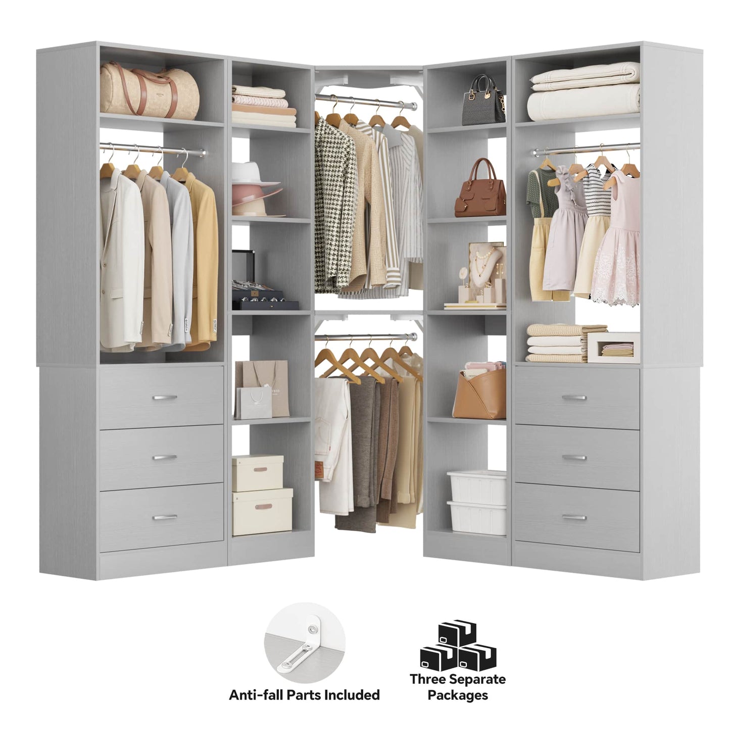 87.2" Freestanding Closet Organizer System - Modular L-Shaped Design,Reversible, 6 Drawers & 4 Hanging Rods, 2000+ LBS Capacity,3 Sets