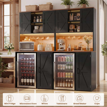 2-Piece Beverage Station Set - Mini Fridge Cabinet & Coffee Bar with Charging Hub, LED Light & Wine Storage