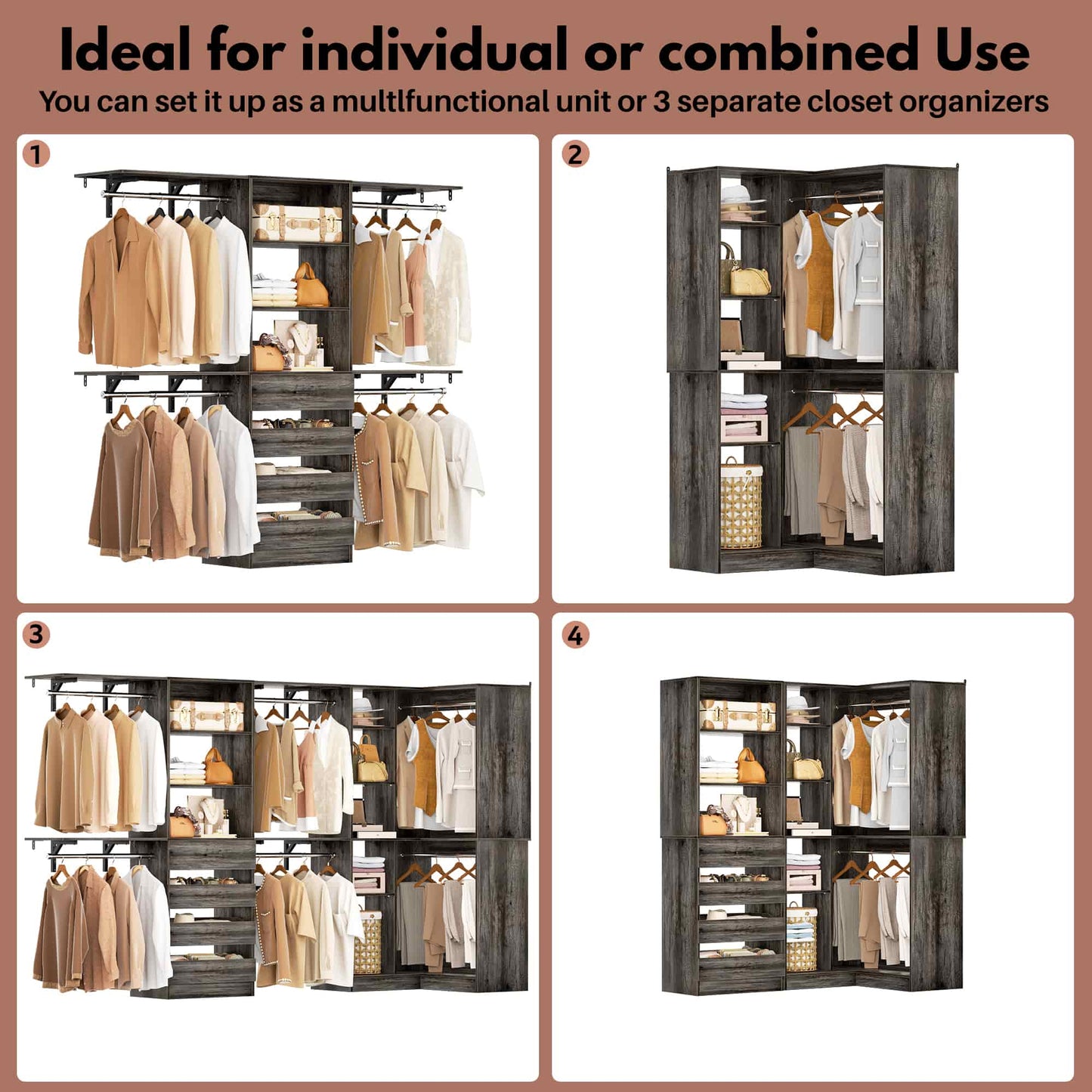 96"-128" 2-Piece Freestanding Closet System, Corner Wardrobe Organizer with Drawers & Shelves for Bedroom/Living Room