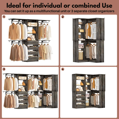 96"-128" 2-Piece Freestanding Closet System, Corner Wardrobe Organizer with Drawers & Shelves for Bedroom/Living Room