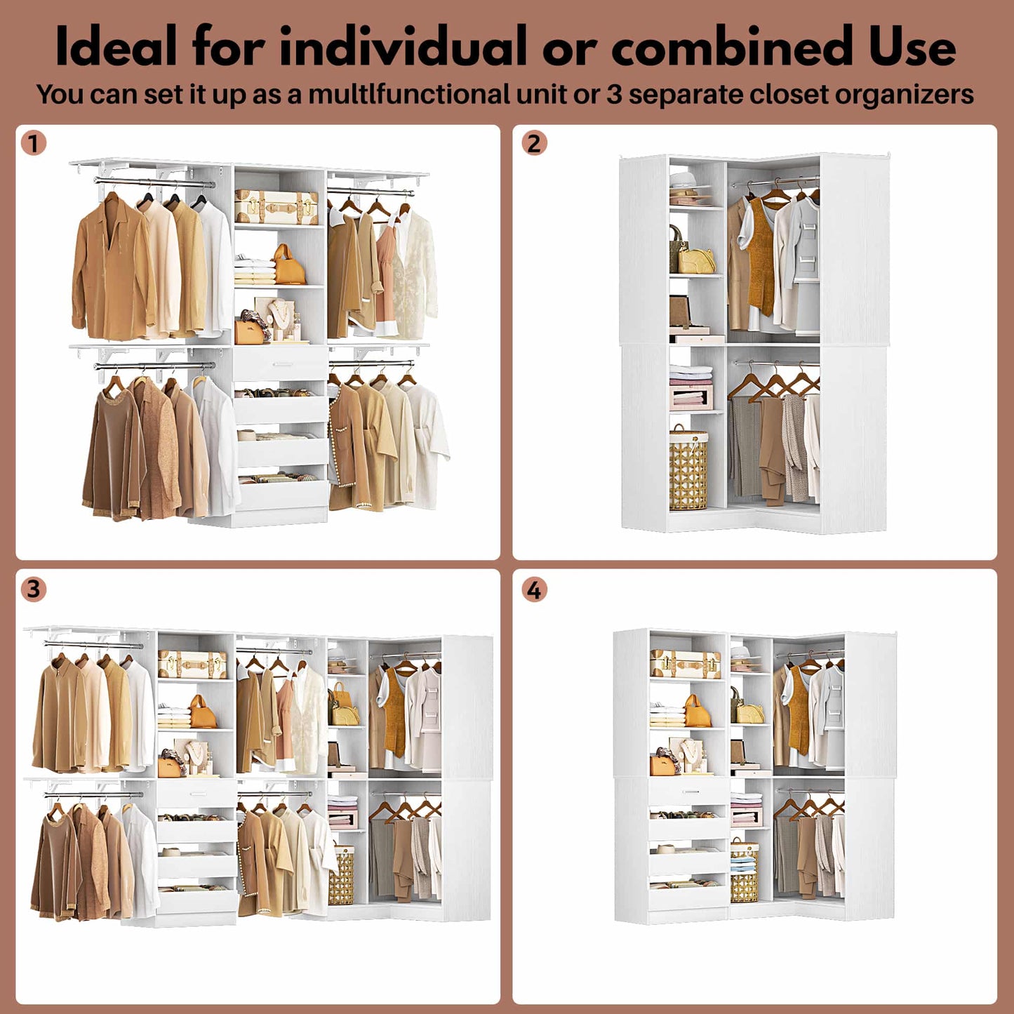 96"-128" 2-Piece Freestanding Closet System, Corner Wardrobe Organizer with Drawers & Shelves for Bedroom/Living Room