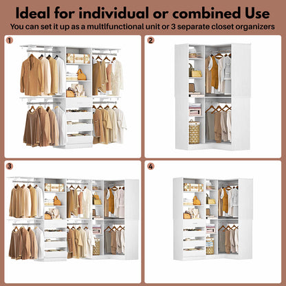 96"-128" 2-Piece Freestanding Closet System, Corner Wardrobe Organizer with Drawers & Shelves for Bedroom/Living Room