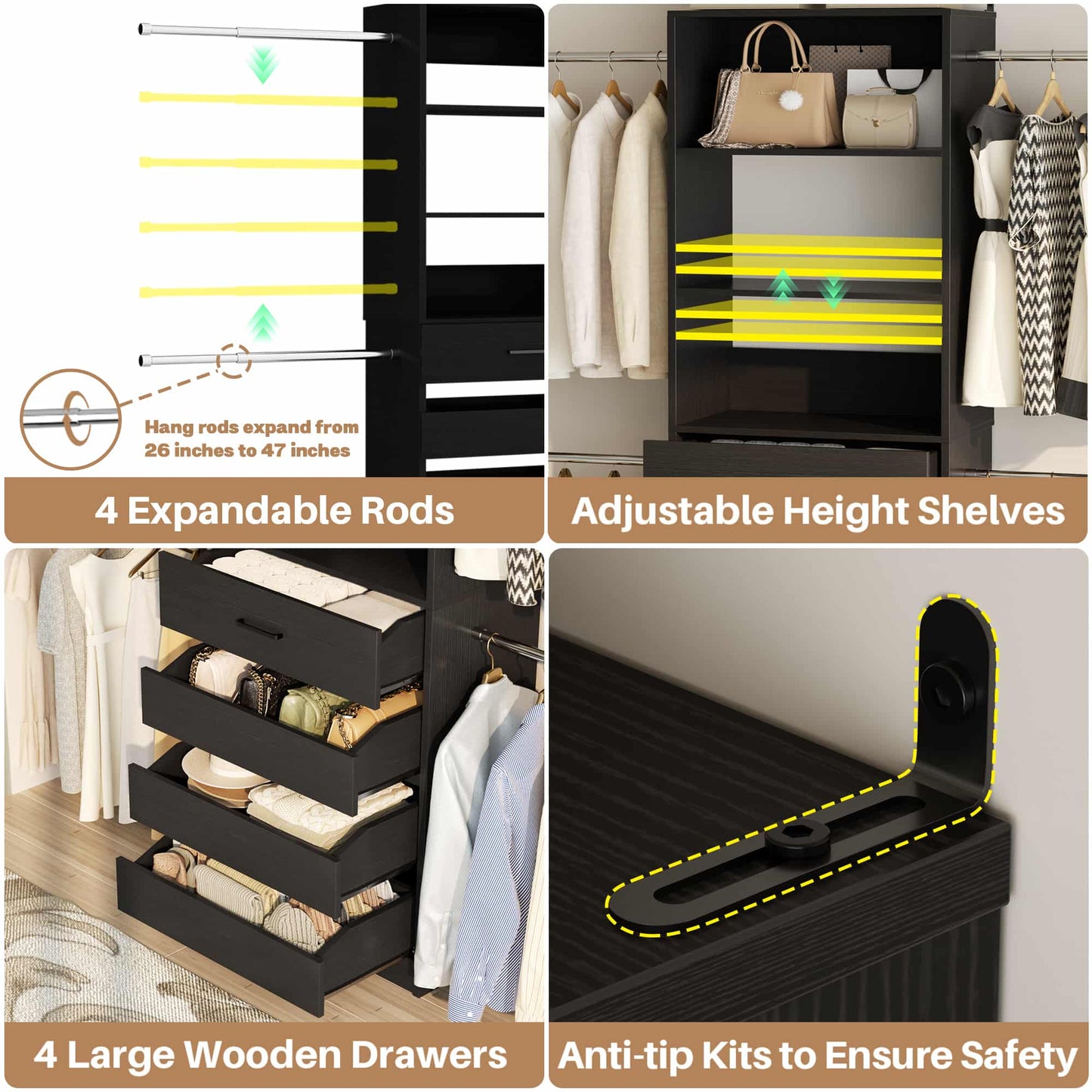 2-Pack Closet Organizer System: Dual 4-9Ft Adjustable Wardrobe Racks with 8 Wooden Drawers, Double Tower Storage, 8 Hanging Rods & Garment Racks ﻿