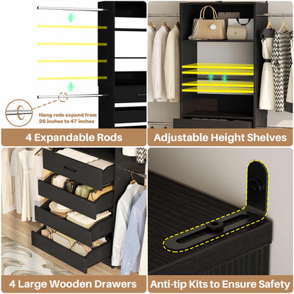 2-Pack Closet Organizer System: Dual 4-9Ft Adjustable Wardrobe Racks with 8 Wooden Drawers, Double Tower Storage, 8 Hanging Rods & Garment Racks ﻿
