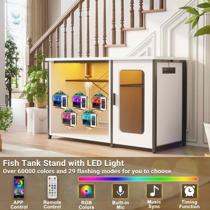 Heavy Duty 55-75 Gallon Aquarium Stand with Power Outlets, LED Light & Storage Cabinet - Reversible Metal Fish Tank Stand, 880LBS Capacity