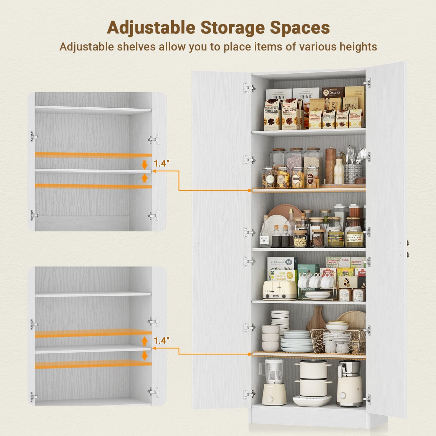 80" Kitchen Pantry, Extra Tall Arch Storage Cabinet with 4 Doors and Adjustable Shelves