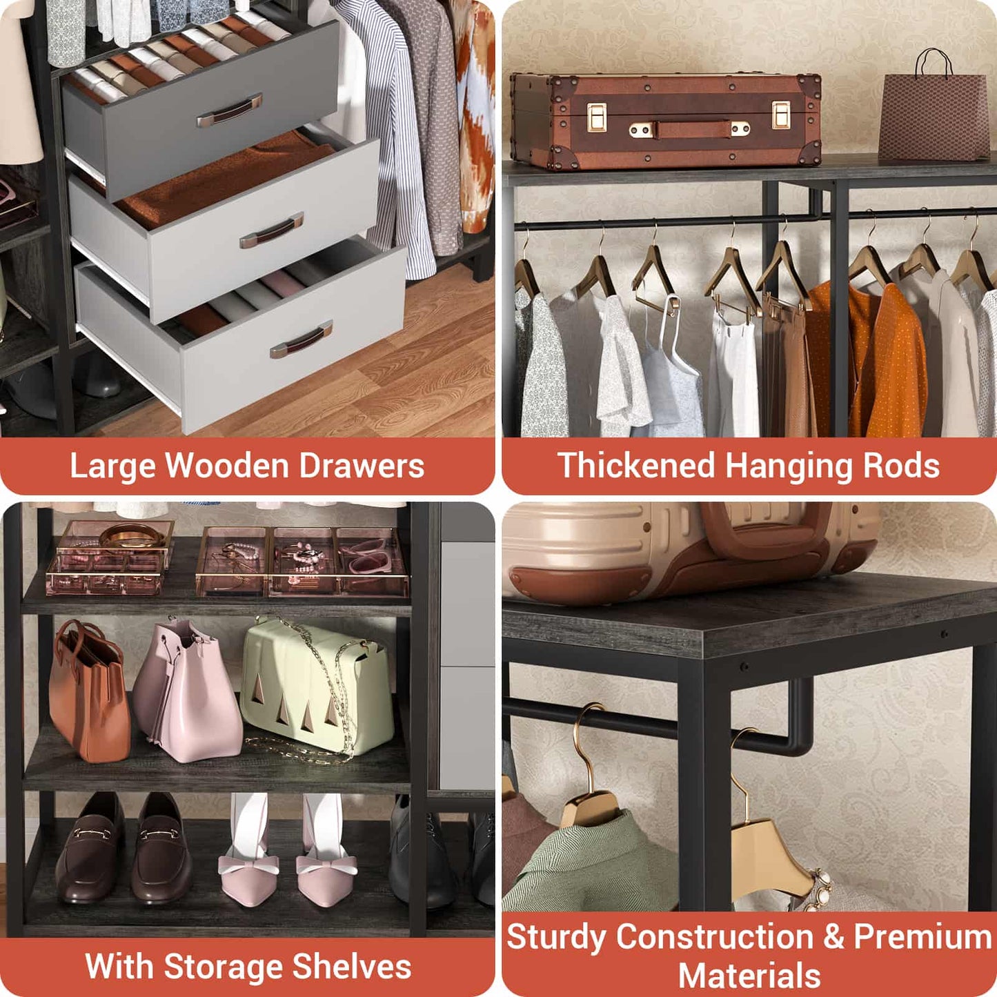 Closet System Organizer Walk-in Closet for Bedroom with 3 Wood Drawers