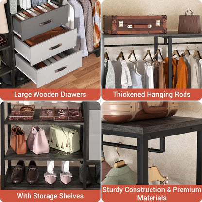 Closet System Organizer Walk-in Closet for Bedroom with 3 Wood Drawers