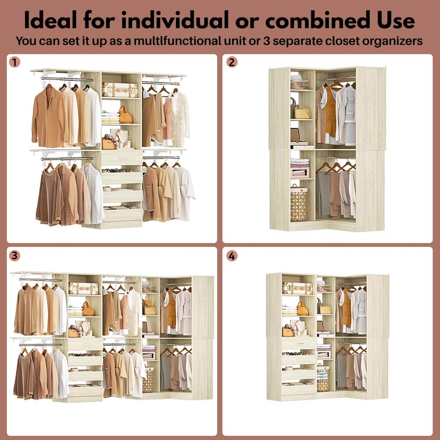 96"-128" 2-Piece Freestanding Closet System, Corner Wardrobe Organizer with Drawers & Shelves for Bedroom/Living Room