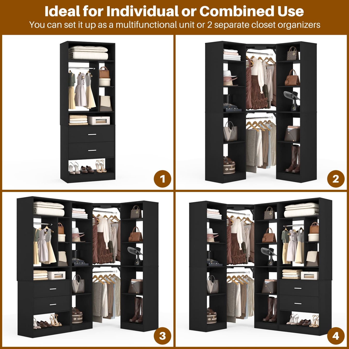 Closet System Closet Organizer, Wood Closet Organizer System,Walk-in Closet or Small Closets Wardrobe, Clothes Rack with Hanging Rods