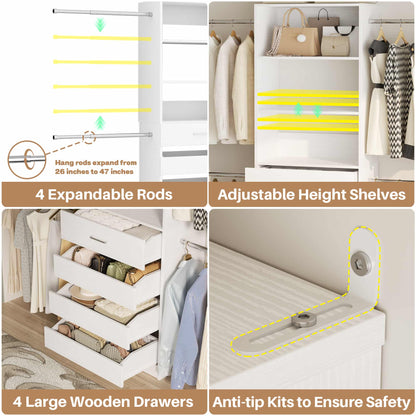 2-Pack Closet Organizer System: Dual 4-9Ft Adjustable Wardrobe Racks with 8 Wooden Drawers, Double Tower Storage, 8 Hanging Rods & Garment Racks ﻿