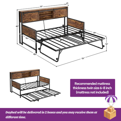 Twin Size Daybed with Trundle, Daybed with Charging Station & Storage Headboard, Heavy Duty Metal Sofa Bed Frame with Pop-up Trundle