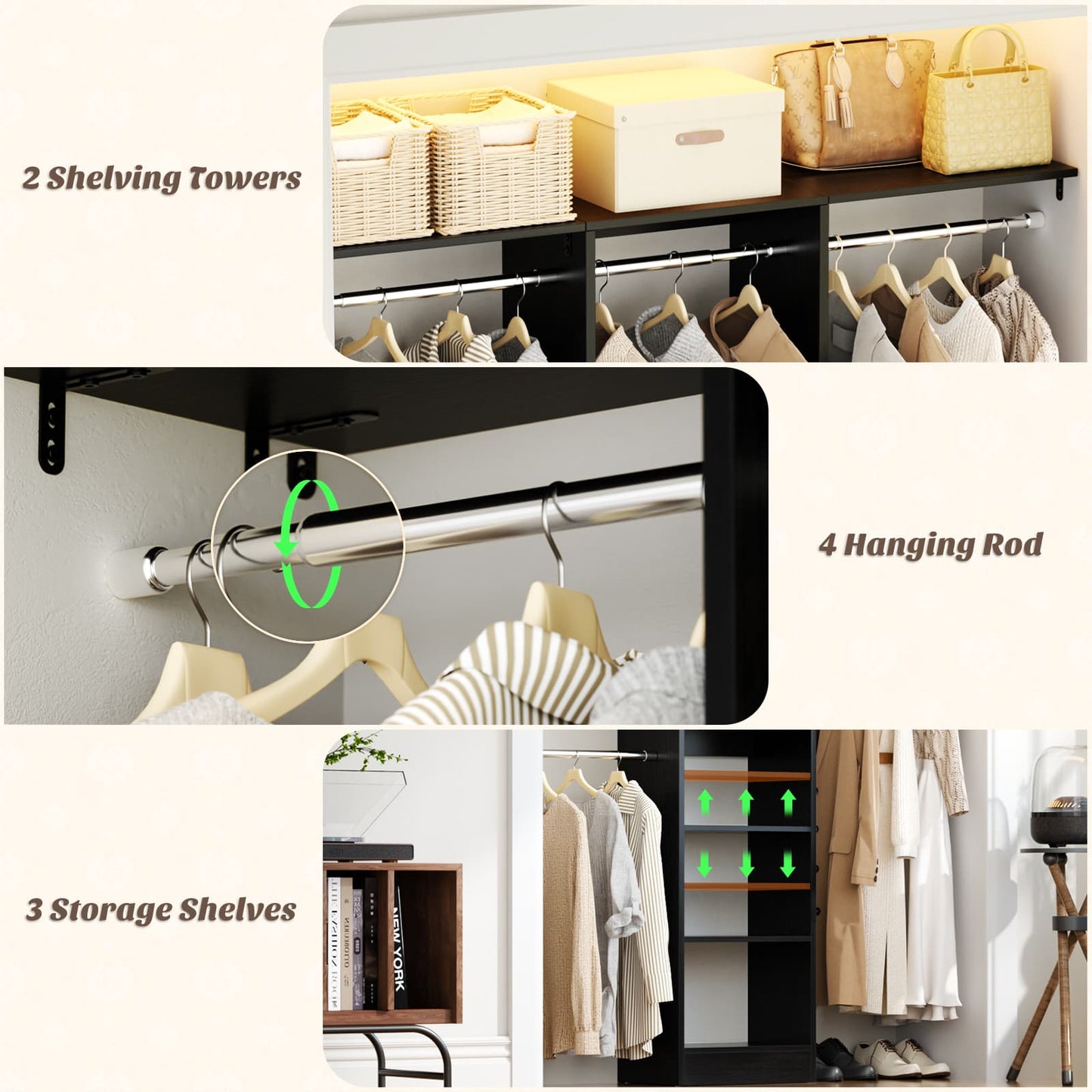 4FT Small Closet System with 4 Closet Rods & 3 Shelves