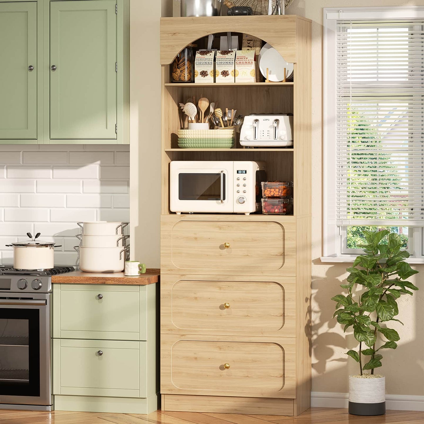 80" Tall Arched Bookcase with 3 Drawers & 3 Open Shelves - Wooden Storage Cabinet for Living Room, Kitchen