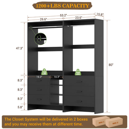 Closet System with 6 Drawers, 4.5ft Wood Closet Organizer System