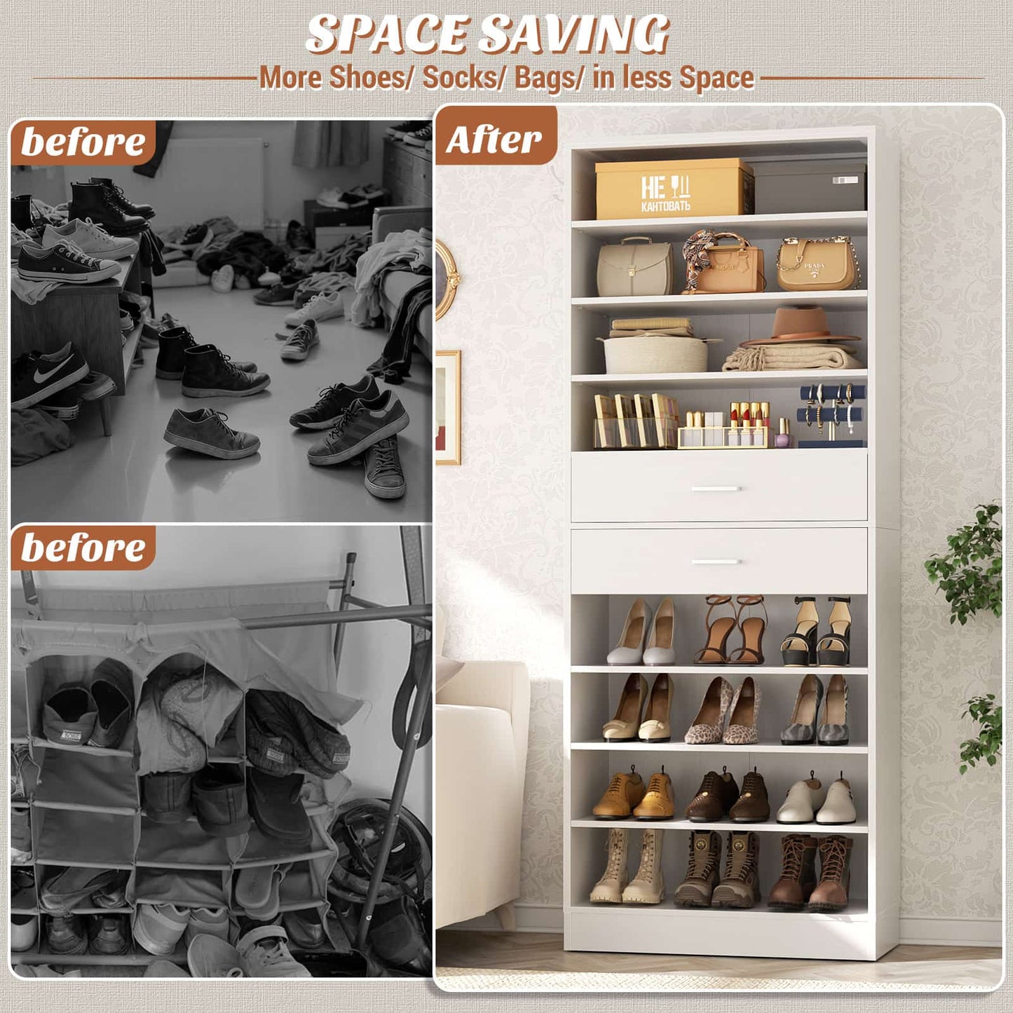 10-Tier Shoe Cabinet with 2 Drawers, 65cm Width Freestanding Closet Organizer