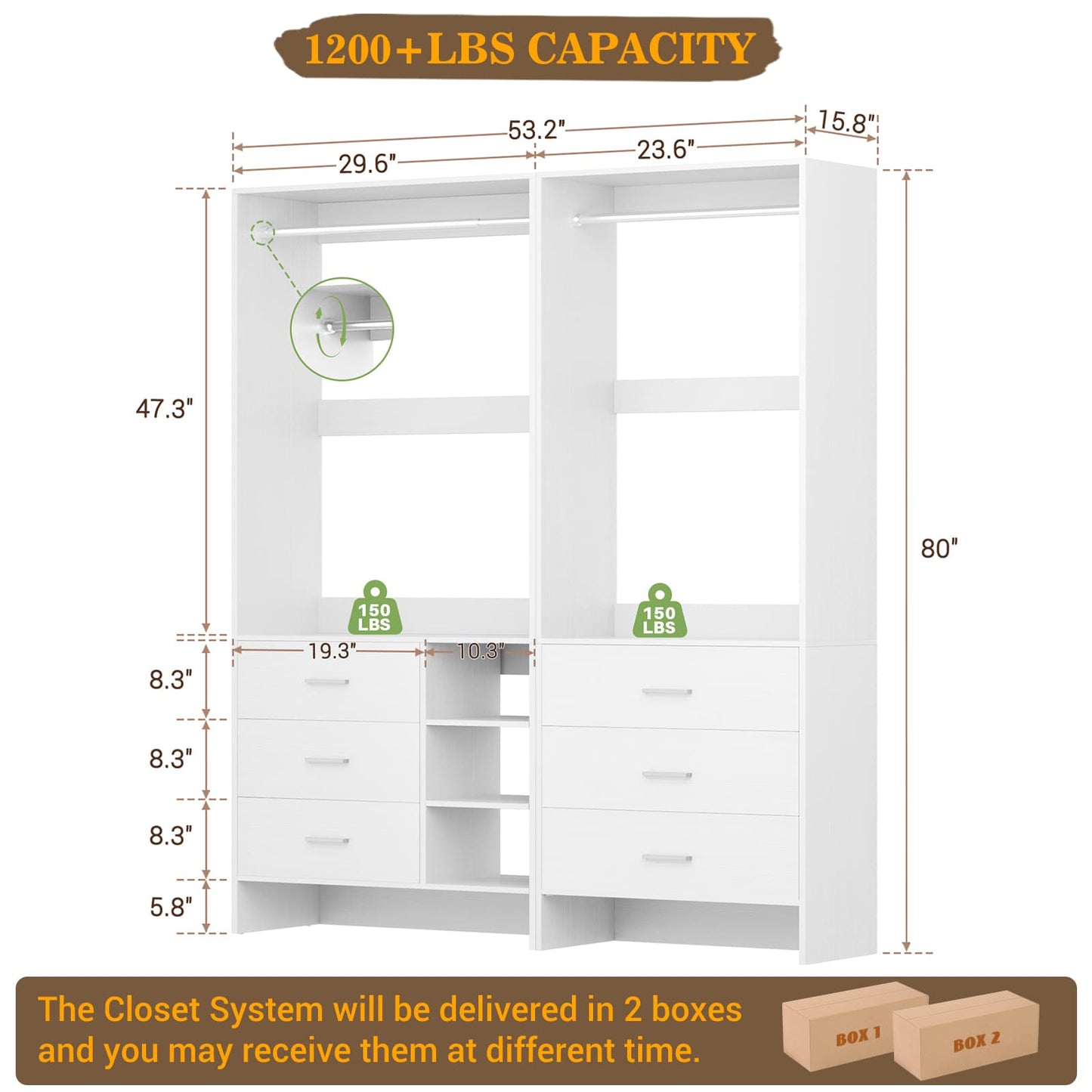 Closet System with 6 Drawers, 4.5ft Wood Closet Organizer System