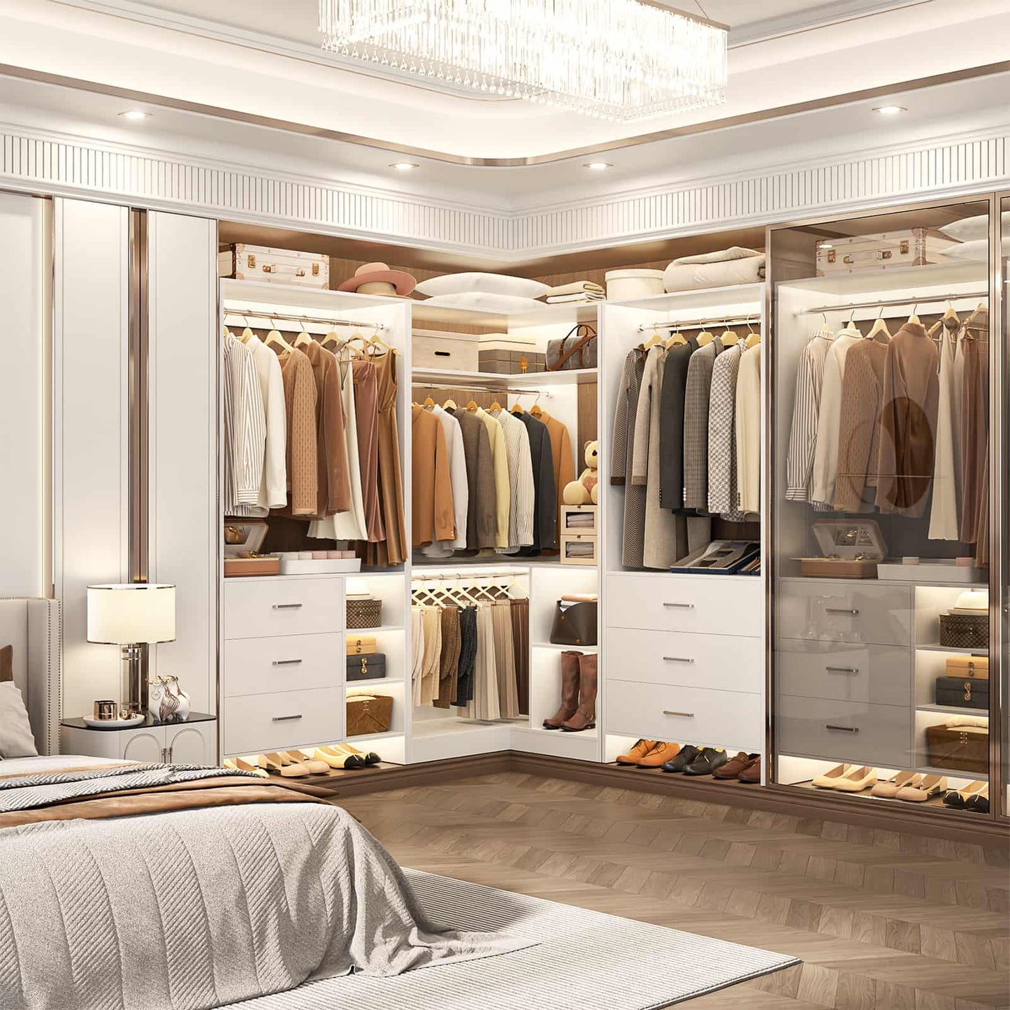 Closet System with 6 Drawers, 4 Hanging Rods & Corner Tower