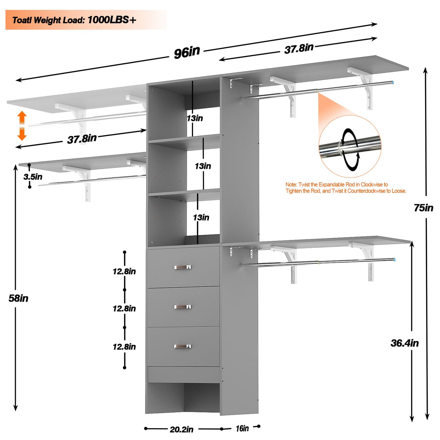 96‘’ W Closet System, Walk In Closet Organizer with 3 Shelving Towers