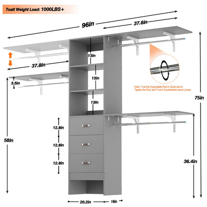 96‘’ W Closet System, Walk In Closet Organizer with 3 Shelving Towers