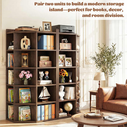6-Tier Corner Cabinet with Power Outlets & 15 Cubes - Wooden L-Shaped Bookshelf, Toy Storage for Home Office, Bedroom, Living Room