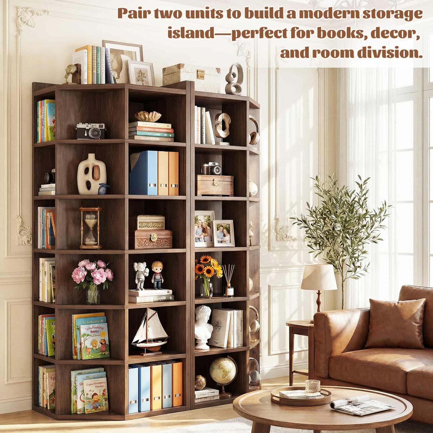 7-Tier Corner Cube Book Shelf - Wooden L-Shaped Storage Cabinet with Top Table for Small Spaces, Home Office, Bedroom, Living Room