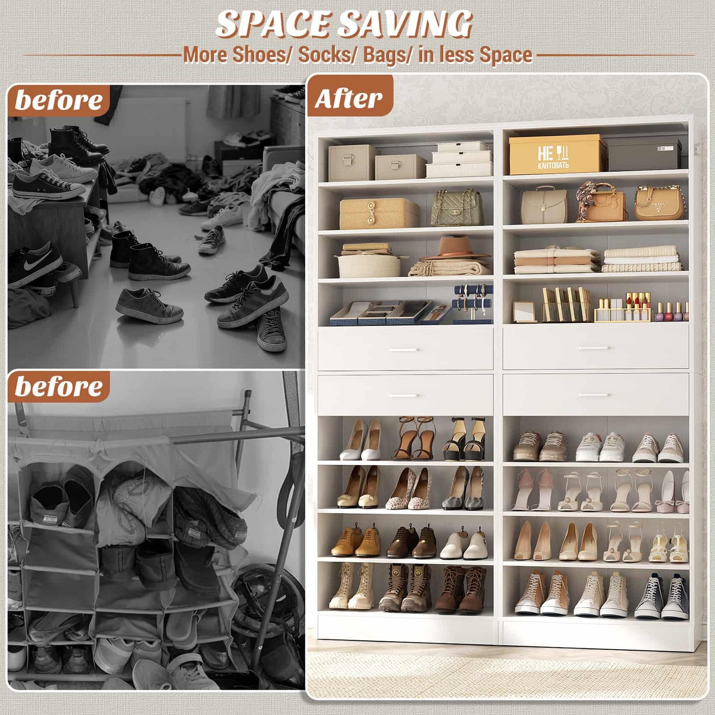 2-Pack 10-Tier Shoe Cabinet Set with 4 Drawers, 65cm Width Freestanding Organizer