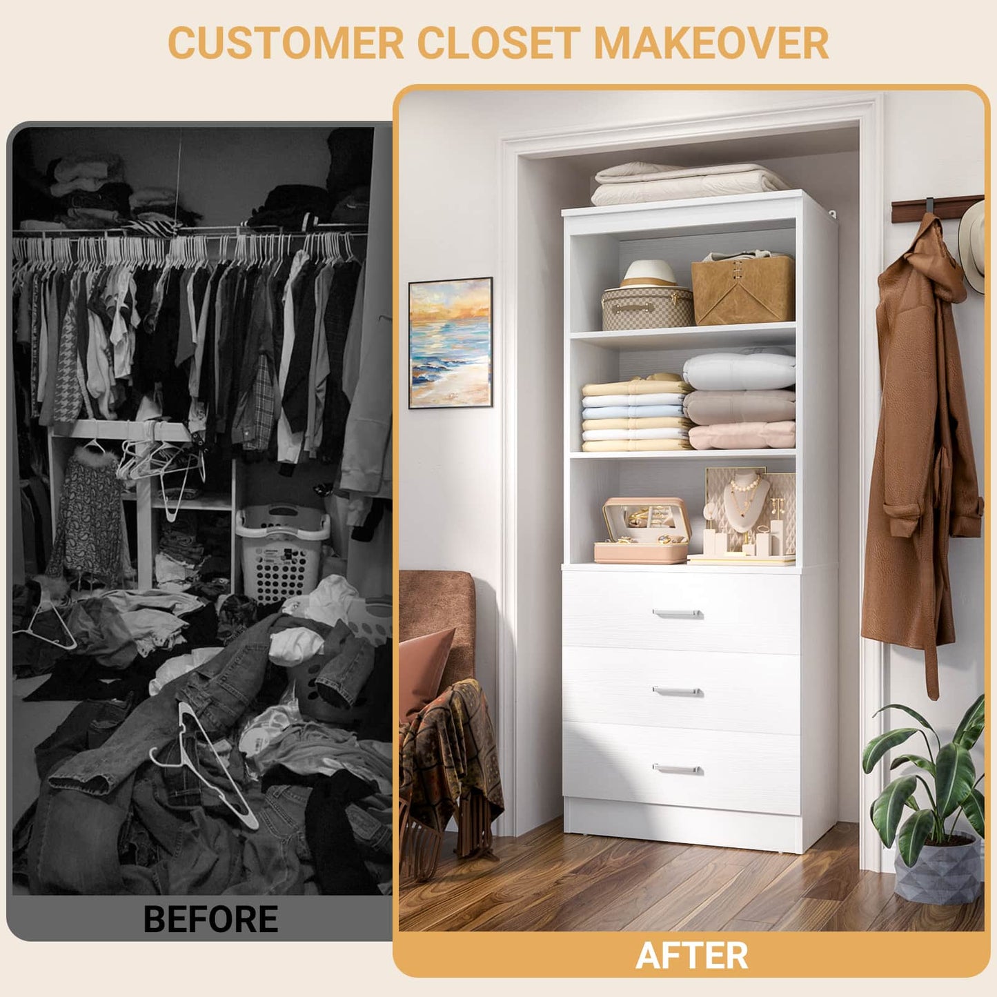 23.6" Closet Organizer System with 3 Wood Drawers
