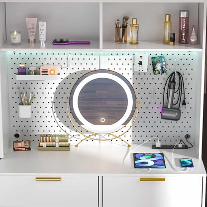 48" Makeup Vanity with Hutch, LED Lighted Mirror & Charging Station, 5 Large Drawers, Shelves, Pegboard & Cabinet