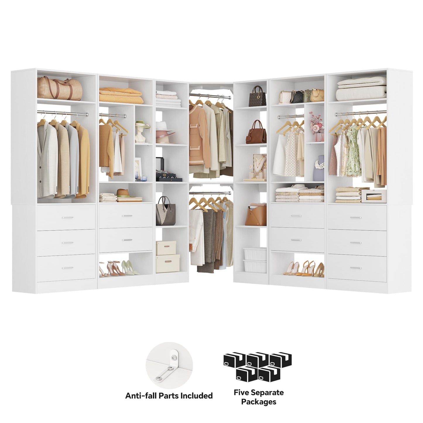 Complete Corner & Straight Closet Organizer Suite:1 Corner Shelf Unit + 4 Tower Systems ( 4-Drawer+ 6-Drawer Options)