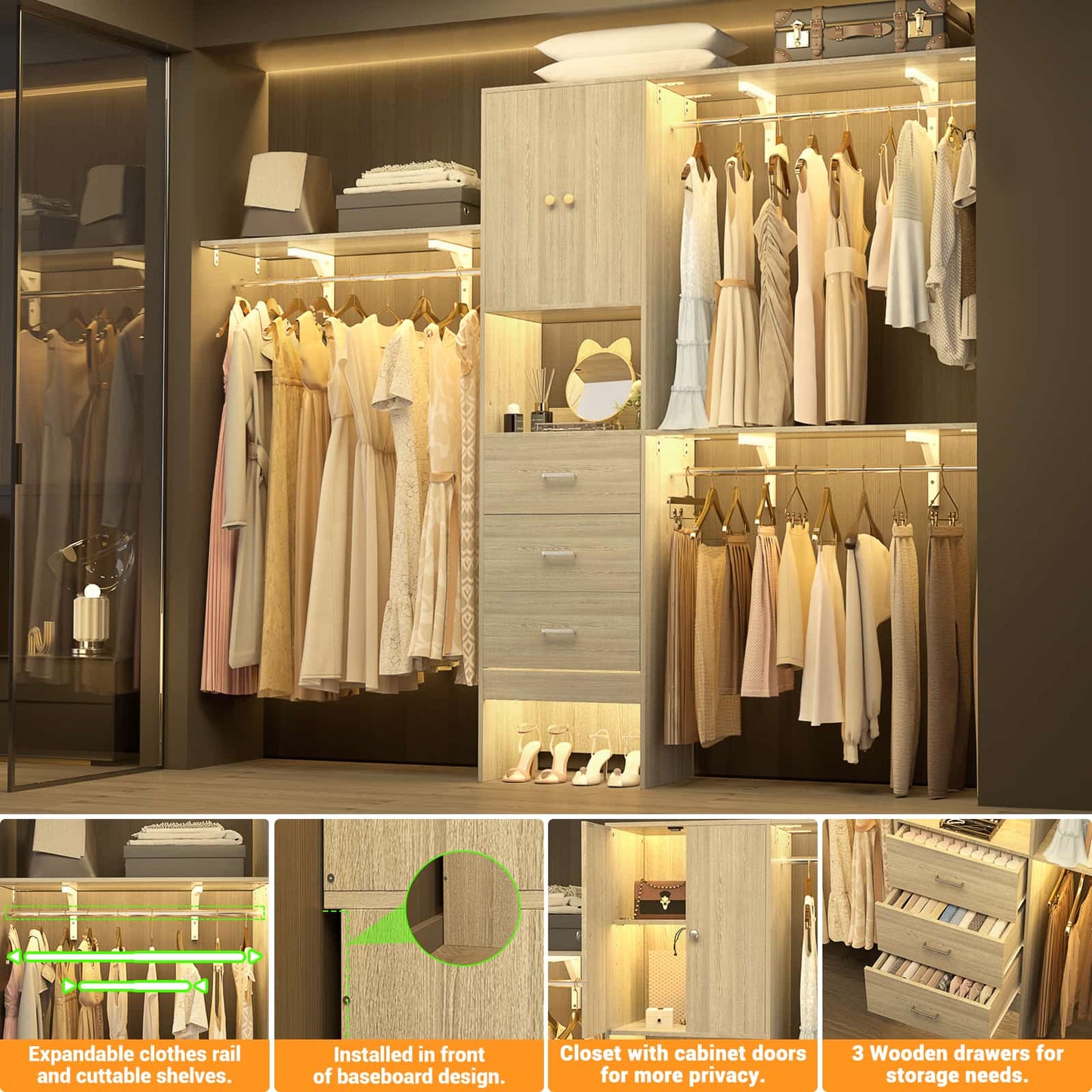 96 '' Closet Organizer System with Wood Drawers and Doors