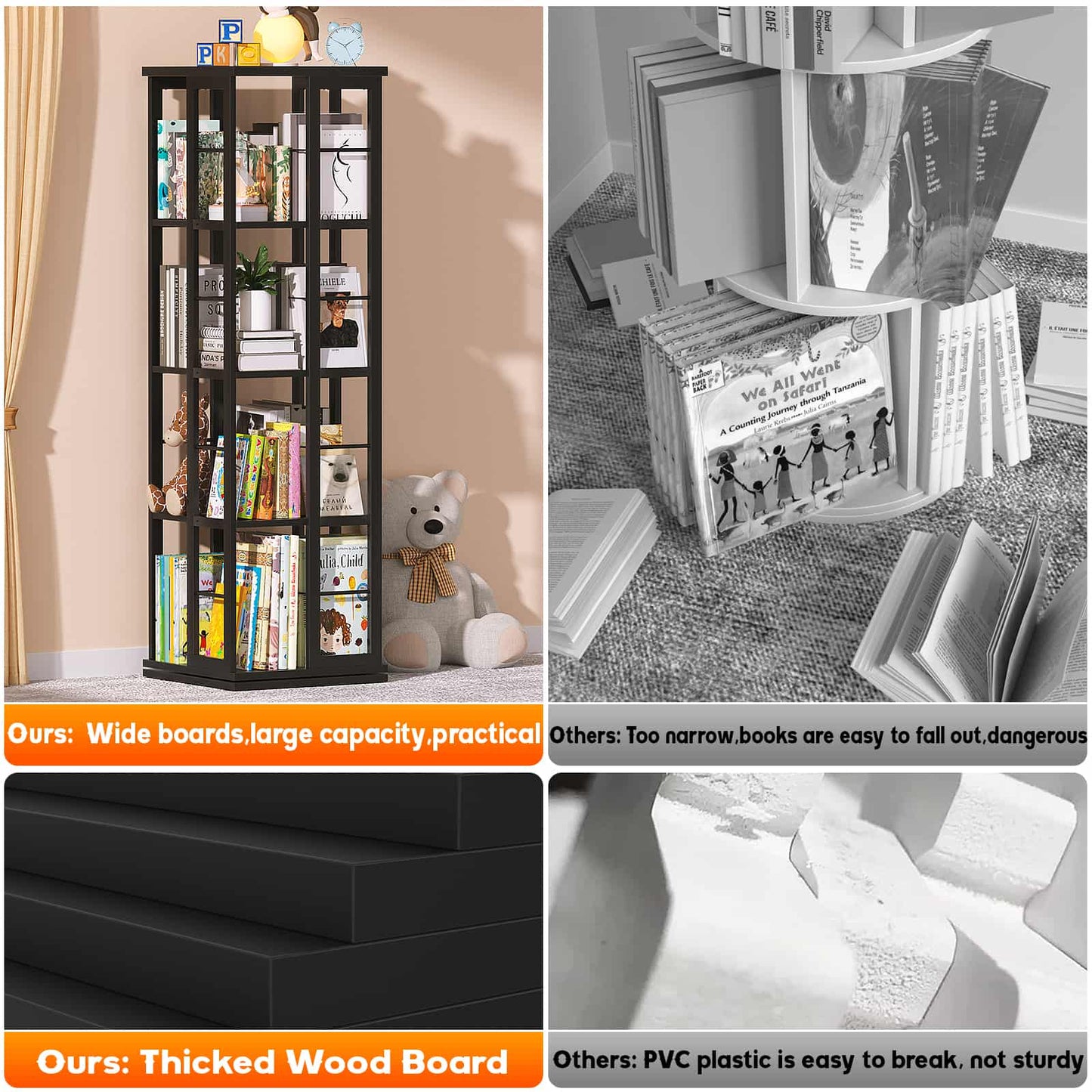 Rotating Bookshelf, Corner Bookshelf, 360 Display Wood Spinning Bookshelf