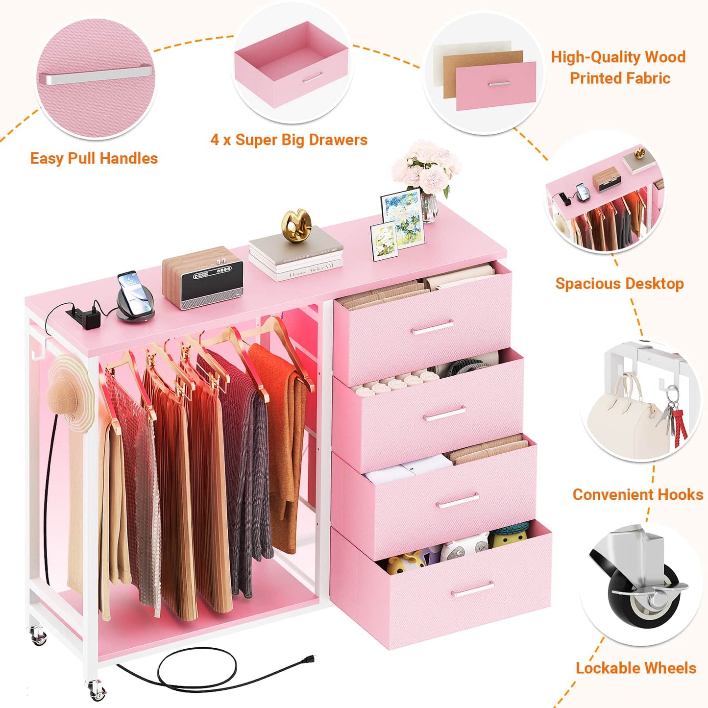 Dresser with Hanging Rack & 4 Drawers