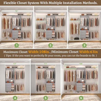 8FT Walk-in Armoire Closet Organizer with 3 Wooden Drawers & Hanging Rods, Adjustable Garment Rack for 5.3-9 ft Spaces,Wardrobe Storage Shelf