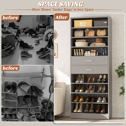 10-Tier Shoe Cabinet with 2 Drawers, 65cm Width Freestanding Closet Organizer